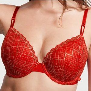 New VICTORIA'S SECRET Sexy Lightly-Lined Demi Push-Up Bra in Red & Gold Glitter